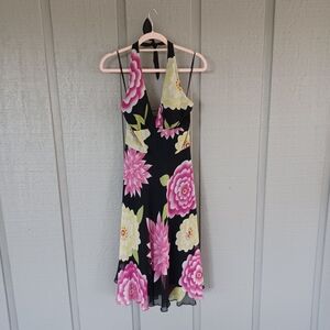 Cache Vintage Y2K Silk Floral Halter Dress Size 8 Women Lace Up Back Whimsical